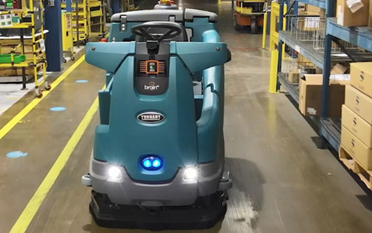 T16AMR robotic floor scrubber cleaning warehouse