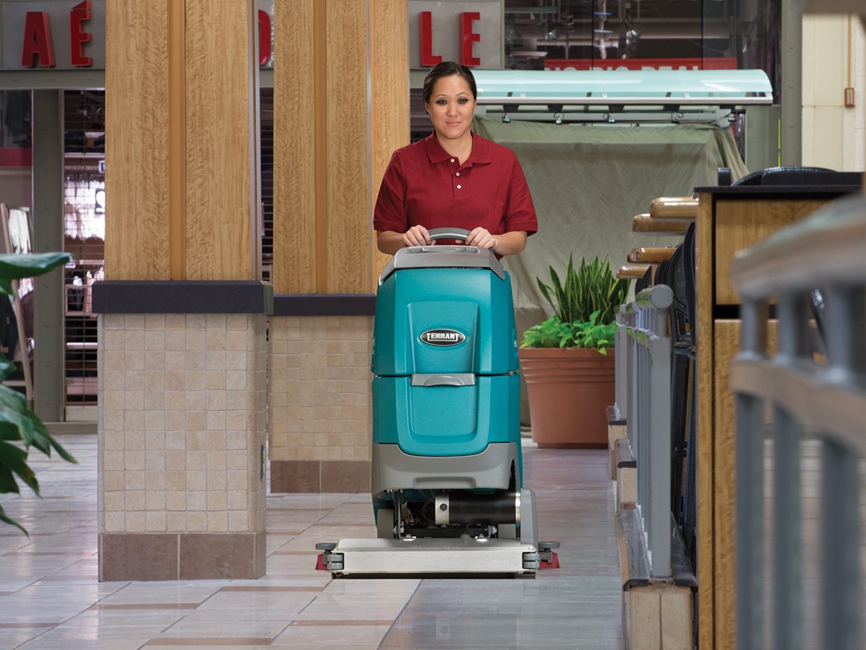 T300 Walk-Behind Orbital Scrubber cleaning retail