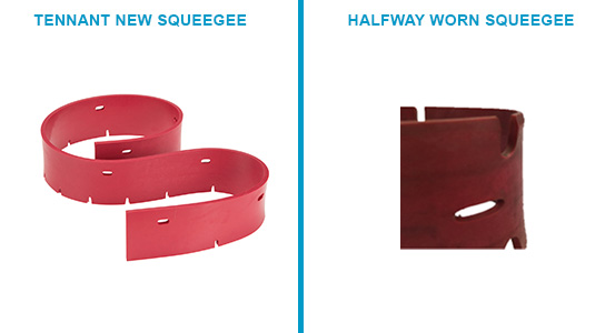 Tennant Linatex squeegee that is worn halfway compared to a new squeegee blade