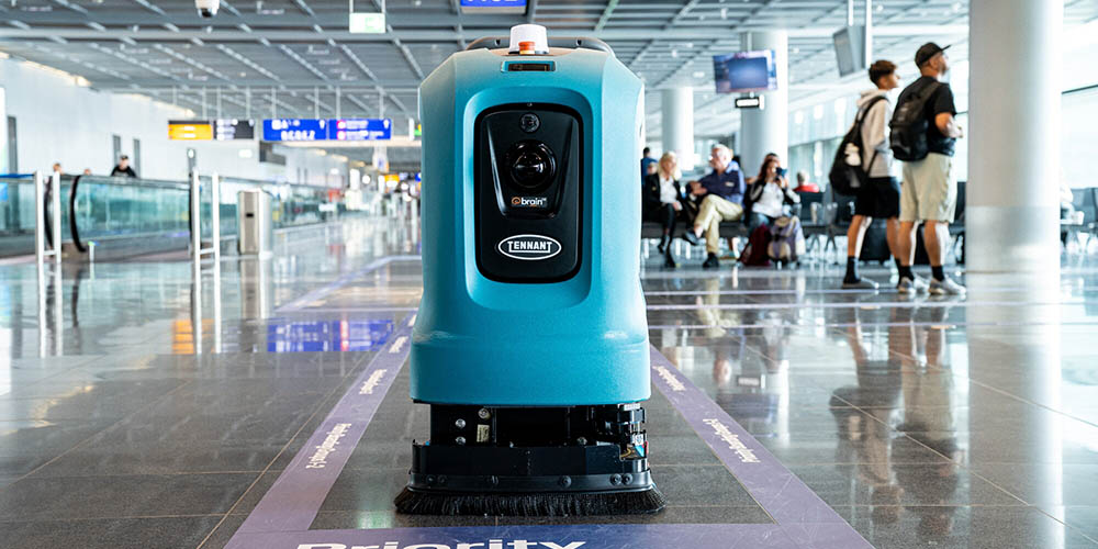 Front view of Tennant X4Rovr Robotic Floor Scrubber in Frankfurt Airport