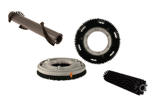 disk and cylindrical floor scrubber brush depicted in a collage